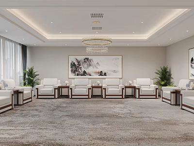 Elegant Hotel Public Lounge With White Sofas Coffee Tables Landscape Paintings And Green Plants 3d model