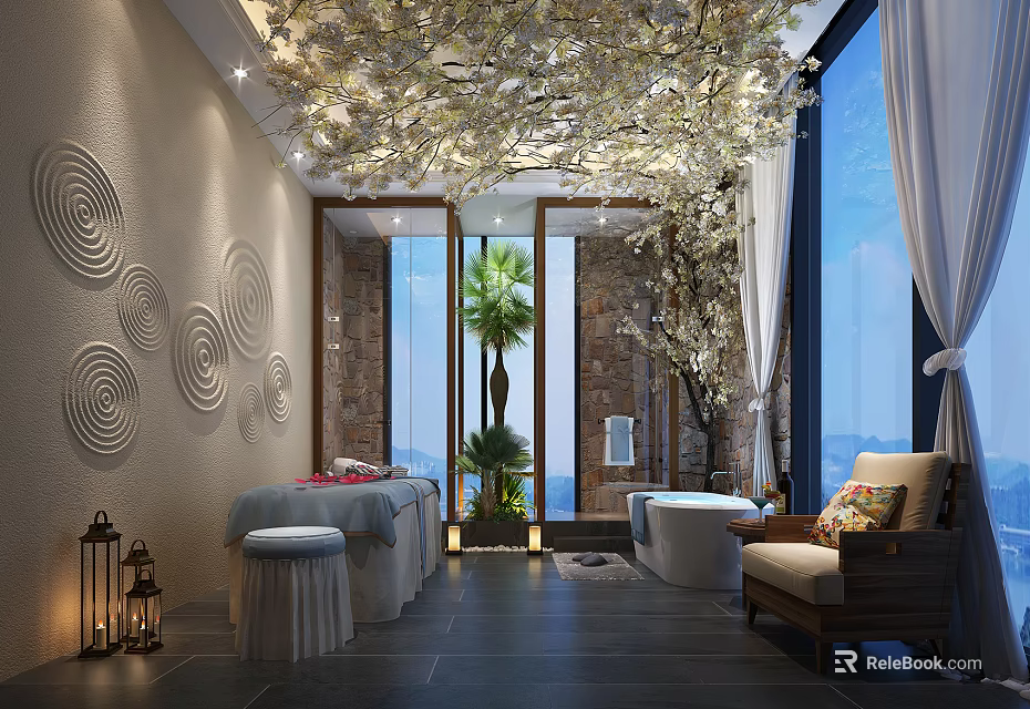 Luxurious SPA Sauna Room with Massage Beds Flower Decor and City View 3d model 
