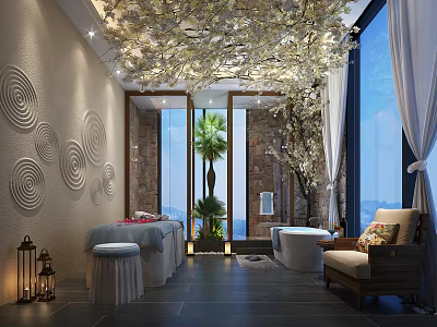 Luxurious SPA Sauna Room with Massage Beds Flower Decor and City View 3d model