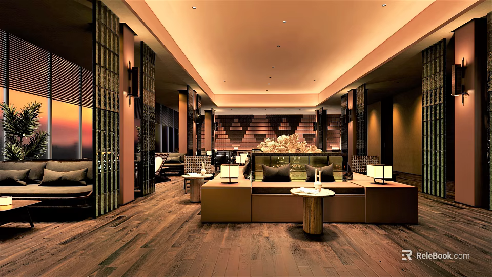 Luxurious Modern Hotel Lobby With Comfortable Sofas Coffee Tables And Elegant Lighting 3d model 