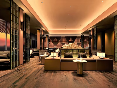 Luxurious Modern Hotel Lobby With Comfortable Sofas Coffee Tables And Elegant Lighting 3d model