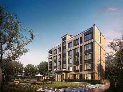 Modern Multi Story Residential Building Surrounded By Lush Greenery And Garden Space 3d model
