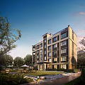 Modern Multi Story Residential Building Surrounded By Lush Greenery And Garden Space