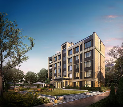 Modern Multi Story Residential Building Surrounded By Lush Greenery And Garden Space 3d model