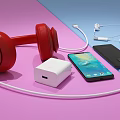 Smartphones With Red Over Ear Headphones White Earphones Charger And Data Cables On Colorful Background
