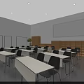 School Classroom Interior With White Tables Gray Chairs Bookshelves And Large Screen