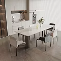 Modern Dining Table Set With White Marble Top White Gray Chairs And Kitchen Cabinets 3d model