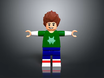 Lego Minifigure With Brown Hair Green Star Shirt Blue Pants Striped Shoes Outstretched Arms Smiling 3d model