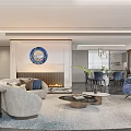 Modern Living and Dining Room Interior Design With Sofa Fireplace Artwork Blue Chairs Dining Table