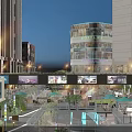 Vibrant Urban Commercial Landscape With Tall Buildings Circular Shopping Mall Illuminated Plaza And Evening Lights