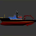 Work Boat Featuring Blue Upper Structure Red Hull Yellow Trim And Red Crane