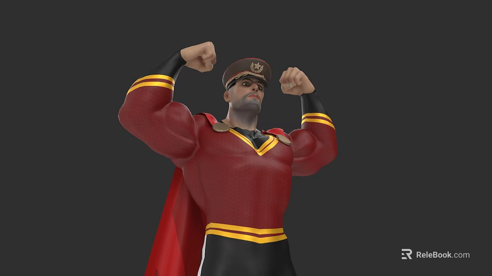 Muscular Game Movie Character in Red Uniform with Yellow Stripes and Red Cape Flexing Muscles 3d model 