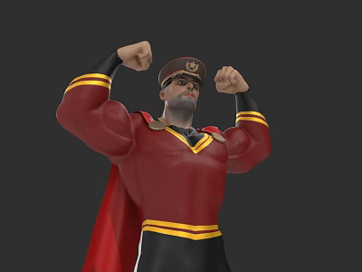 Muscular Game Movie Character in Red Uniform with Yellow Stripes and Red Cape Flexing Muscles 3d model