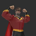 Muscular Game Movie Character in Red Uniform with Yellow Stripes and Red Cape Flexing Muscles