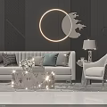 Elegant Modern Sofa Coffee Table Set With Pillows Armchair Table Lamp And Circular Wall Decor