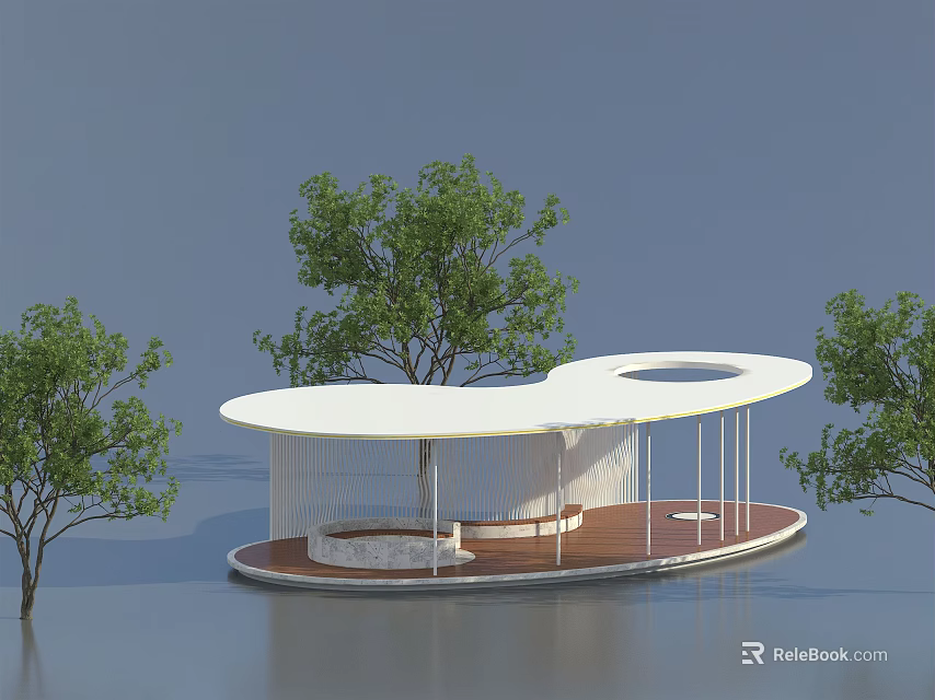 Modern White Pergola With Curved Roof Circular Opening And Trees On Wooden Platform 3d model 