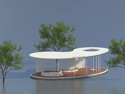 Modern White Pergola With Curved Roof Circular Opening And Trees On Wooden Platform 3d model
