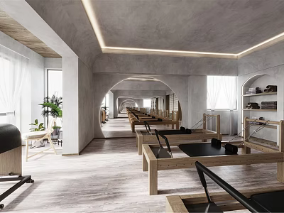 Modern Fitness Studio With Wooden Pilates Beds Mirror Walls And Natural Light 3d model