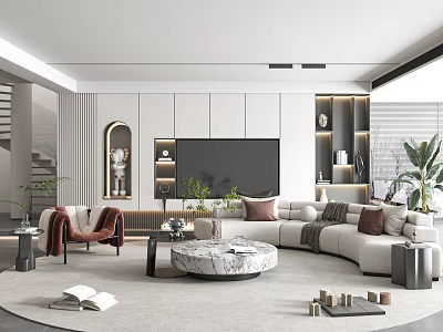 Modern Living Room Interior Design With Large TV White L shaped Sofa And Marble Coffee Table 3d model