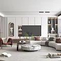 Modern Living Room Interior Design With Large TV White L shaped Sofa And Marble Coffee Table