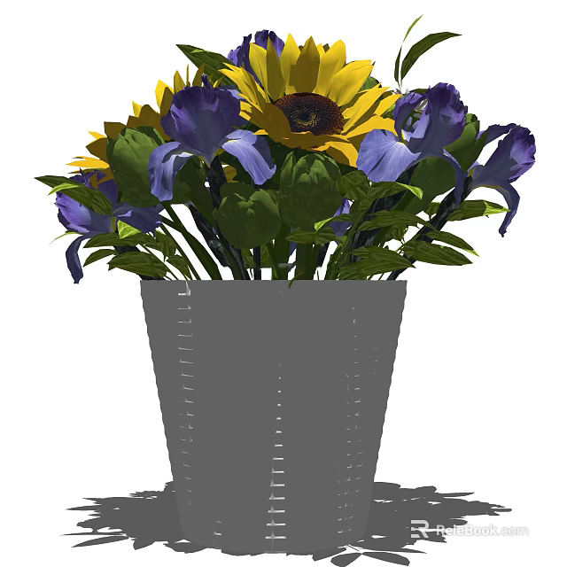 Gray Vase With Yellow Sunflowers Purple Irises And Green Leaves Arrangement 3d model 