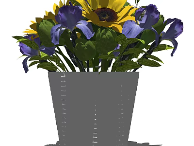 Gray Vase With Yellow Sunflowers Purple Irises And Green Leaves Arrangement 3d model