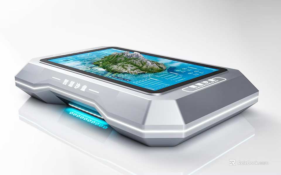 Modern Commercial Display Equipment With Large Touch Screen Showing Mountain Landscape And Blue Background 3d model 