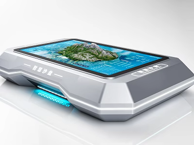 Modern Commercial Display Equipment With Large Touch Screen Showing Mountain Landscape And Blue Background 3d model