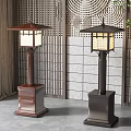 Traditional Wooden Floor Lamps with Square Bases and Lattice Shades in Modern Japanese Interior Decor