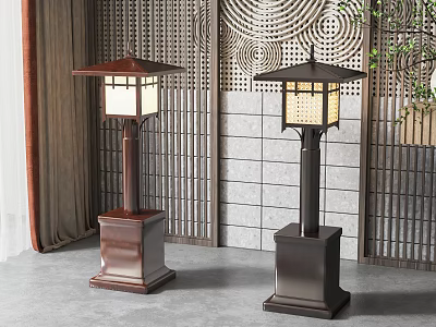 Traditional Wooden Floor Lamps with Square Bases and Lattice Shades in Modern Japanese Interior Decor 3d model
