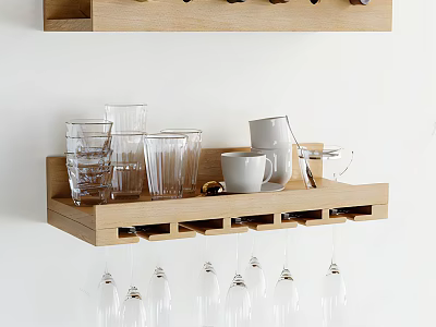 Wooden Wall Mounted Kitchenware Rack With Glass Cups White Mugs Kettle And Hanging Wine Glasses 3d model