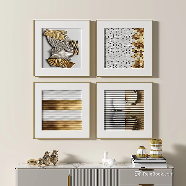 Elegant Wall Art Decor With Four Framed Gold Geometric Patterns And Decorative Items 3d model