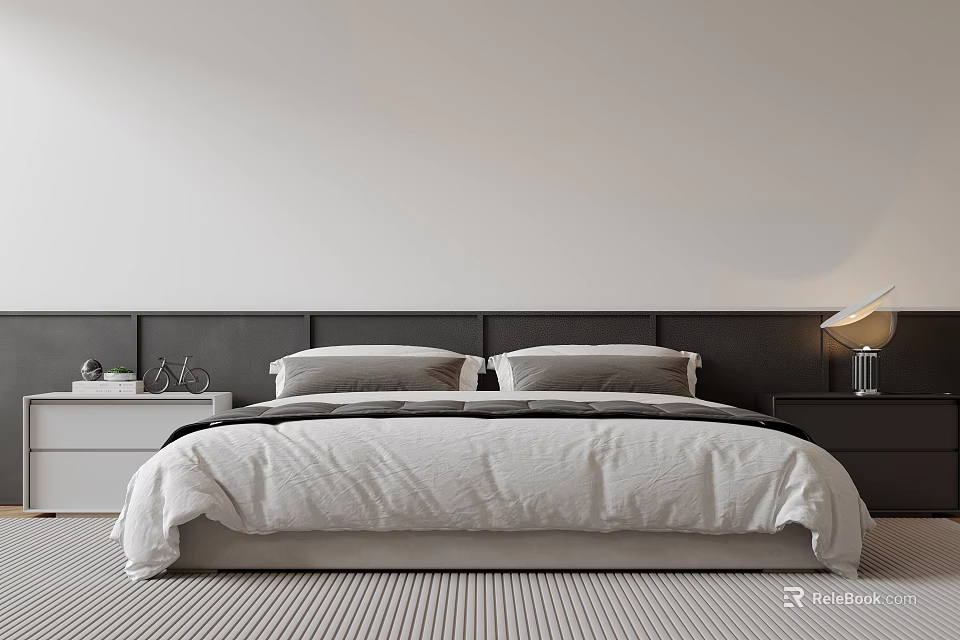Double Bed Featuring Dark Headboard White Comforter Gray Pillows Nightstand And Table Lamp 3d model