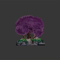 Cartoon Scene With Purple Tree Staircase Green Grass Stony Path Red Mushroom Gray Stone Rim