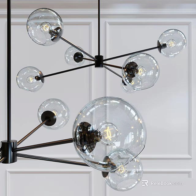Modern Chandelier with Transparent Glass Globes and Black Metal Frame in Interior 3d model 