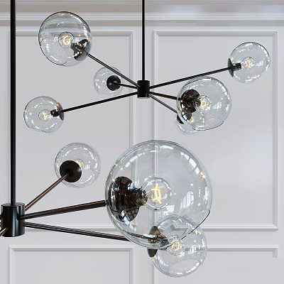 Modern Chandelier with Transparent Glass Globes and Black Metal Frame in Interior 3d model