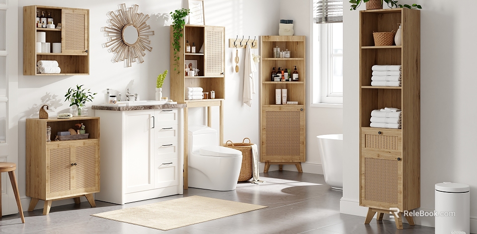 Modern Bathroom Interior Design With Wicker Cabinets White Vanity Toilet Bathtub Plants And Decorative Mirror 3d model 