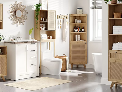 Modern Bathroom Interior Design With Wicker Cabinets White Vanity Toilet Bathtub Plants And Decorative Mirror 3d model