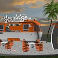 Urban Camping Garden Landscape Featuring Food Truck Wooden Platform Straw Seats and Cactus Trees