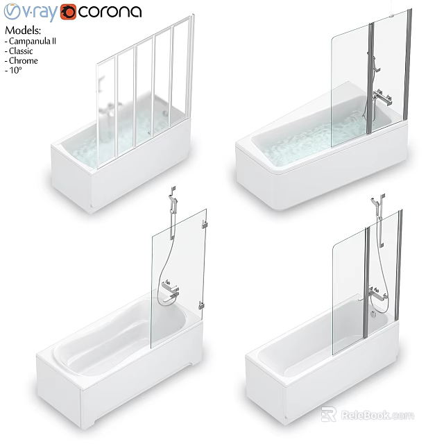 Modern White Bathtub Designs With Glass Shower Screen And Interior Views 3d model 