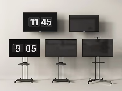 Multiple Televisions Some Wall Mounted and Some on Wheeled Stands Showing Time 3d model
