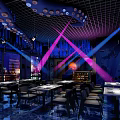 Modern Bar Interior Design With Neon Lights Grid Ceiling Art Decor And Seating 3d model