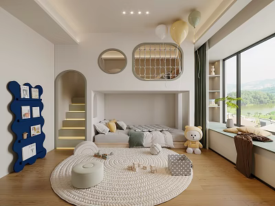 Kids Room Interior Design With Loft Bed Blue Bookshelf Lit Staircase Round Rug And Balloons 3d model