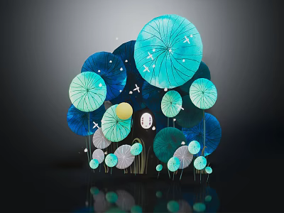 Cartoon Scene Featuring Blue Teal Circular Floral Shapes White Dots Yellow Accents And Green Stems 3d model