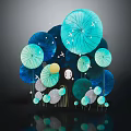 Cartoon Scene Featuring Blue Teal Circular Floral Shapes White Dots Yellow Accents And Green Stems