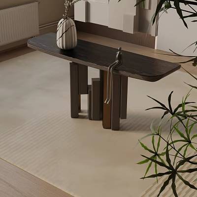 Modern Wooden Console Table With Dark Tabletop Decorative Vase And Plant On Light Carpet 3d model