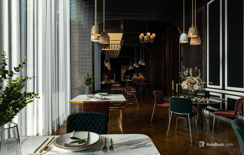 Elegant Restaurant Interior With Pendant Lights Dining Tables Green Plants And Marble Table Tops 3d model 