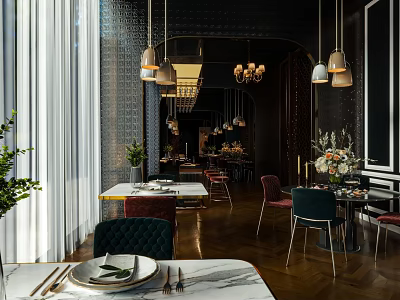 Elegant Restaurant Interior With Pendant Lights Dining Tables Green Plants And Marble Table Tops 3d model