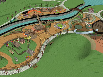 Colorful Children's Playground Design With Slides Climbing Structures Waterway And Green Areas 3d model