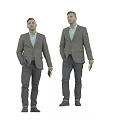 Two Men Wearing Gray Suits And Light Blue Shirts Holding Mobile Phones Standing